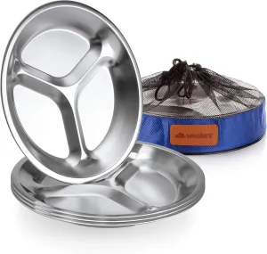 Stainless Steel Plate Set - Portable Dinnerware Set of 4 Round BPA Free, Sectioned Plates with Mesh Travel Bag for Outdoor Camping | Hiking | Picnic | BBQ | Beach