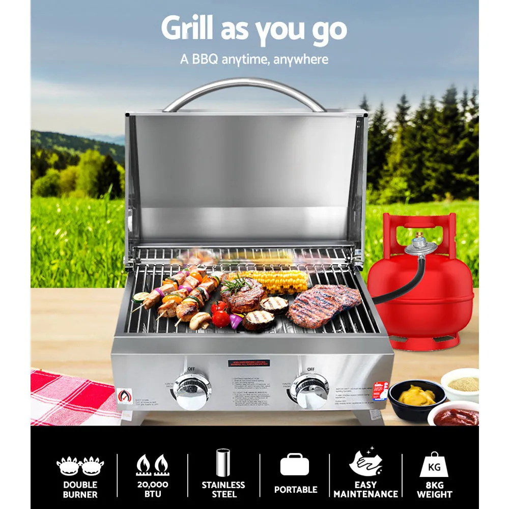 Stainless Steel Portable Gas LPG BBQ Twin Burner Mesh Grill