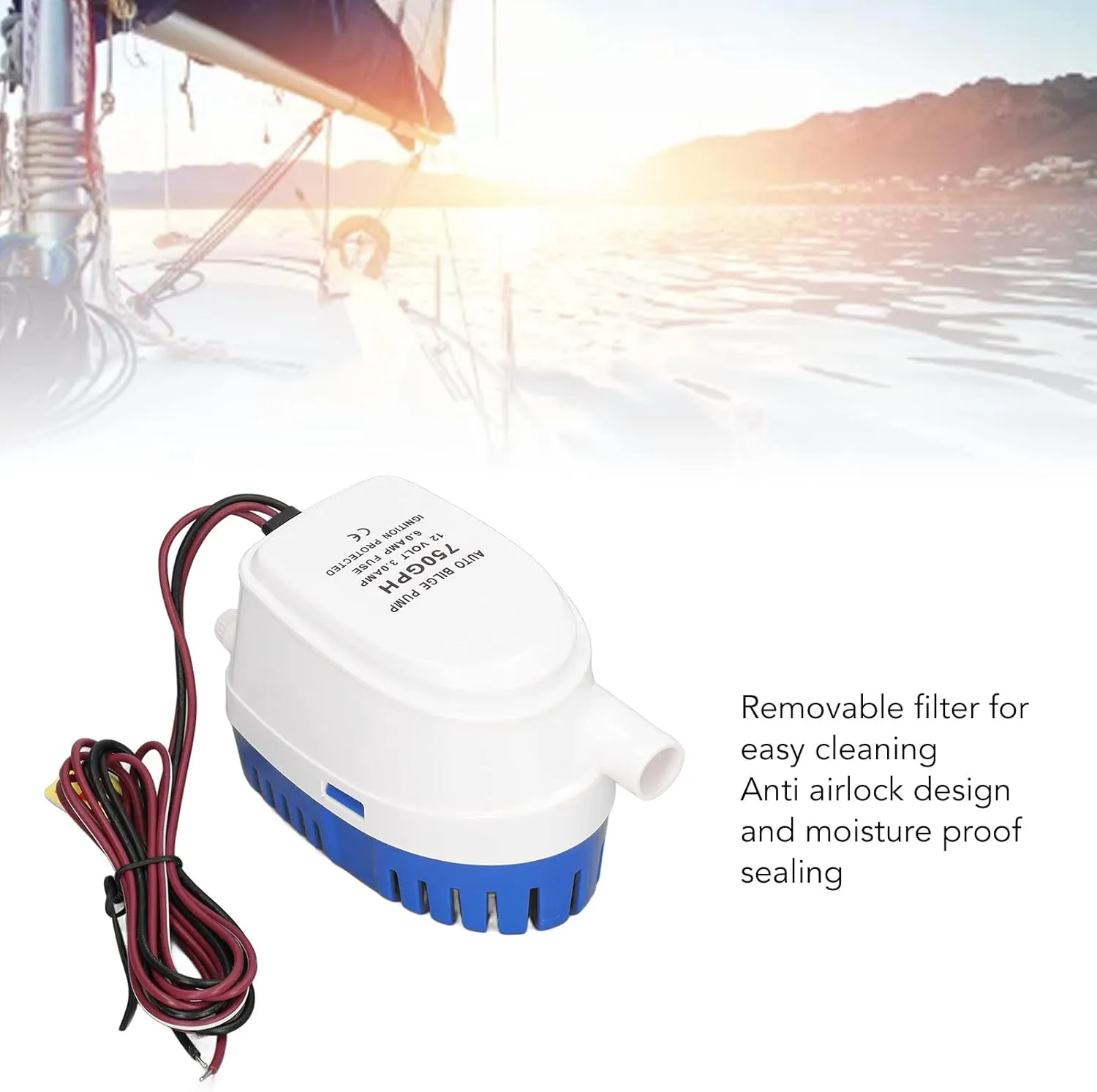 Submersible Marine Bilge Water Pump, DC 12V Automatic Bilge Pump with Removable Filter, Boat Bilge Water Pump with Anti Airlock for Marine Yacht (750GPH)
