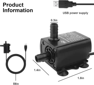 Submersible Water Pump Mini Fountain Pump with 4.9 Ft USB Cable Ultra Quiet Aquarium Water Pump with 9.8 Ft High Lift for Fish Tub, Aquarium, Hydroponics (DC5V, 4.8W)