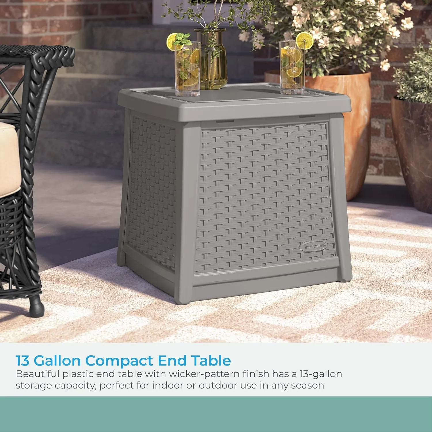 Suncast 13 Gallon Resin Outdoor Storage End Table with Hinged Stay-Dry Lid for Outdoor Furniture, Pool Toys, and Patio Cushions, Dove Gray