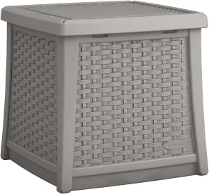 Suncast 13 Gallon Resin Outdoor Storage End Table with Hinged Stay-Dry Lid for Outdoor Furniture, Pool Toys, and Patio Cushions, Dove Gray