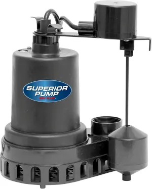 Superior Pump 92572 1/2 HP Thermoplastic Submersible Sump Pump with Vertical Float Switch