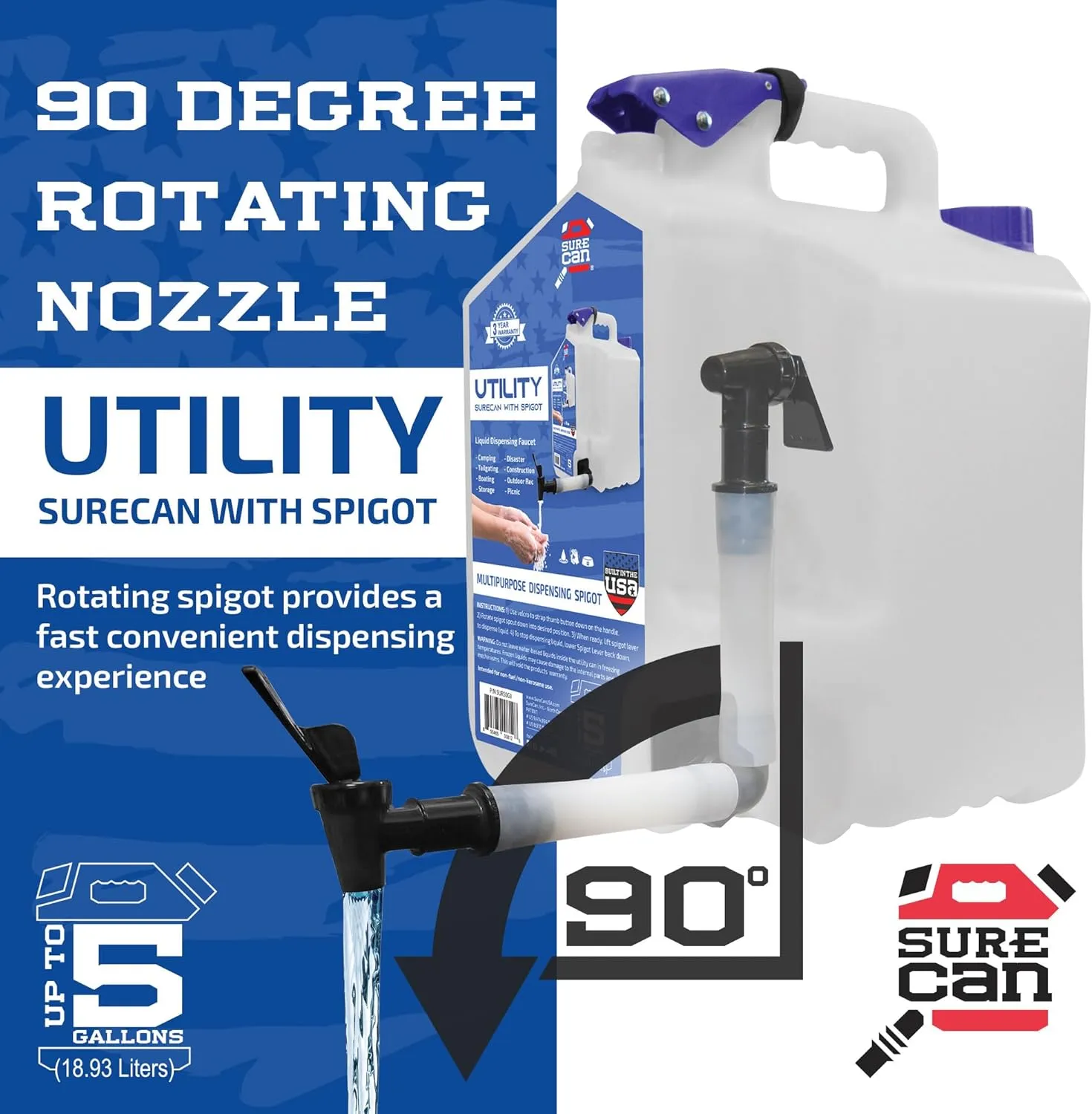 Surecan Portable Camping Water Station - Versatile 5 Gallon Water Utility Tank with a Rotating Spigot, Ideal Camping Water Container (White, SUR5SU1)