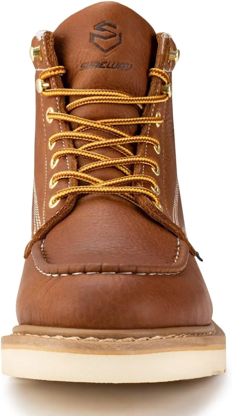 SUREWAY 6 in Mens Waterproof Steel Toe Work Boots for Men-Full Grain Leather,Goodyear,Non-Slip EH Safety Industial Construction Wedge Moc Toe Work Boots/Shoes