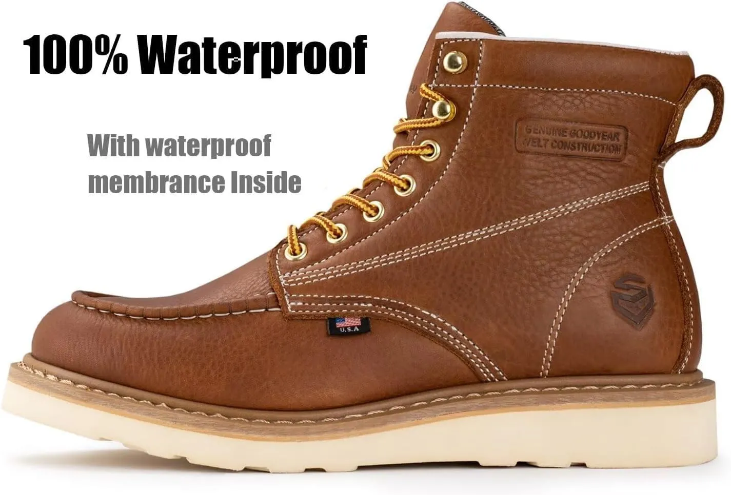 SUREWAY 6 in Mens Waterproof Steel Toe Work Boots for Men-Full Grain Leather,Goodyear,Non-Slip EH Safety Industial Construction Wedge Moc Toe Work Boots/Shoes