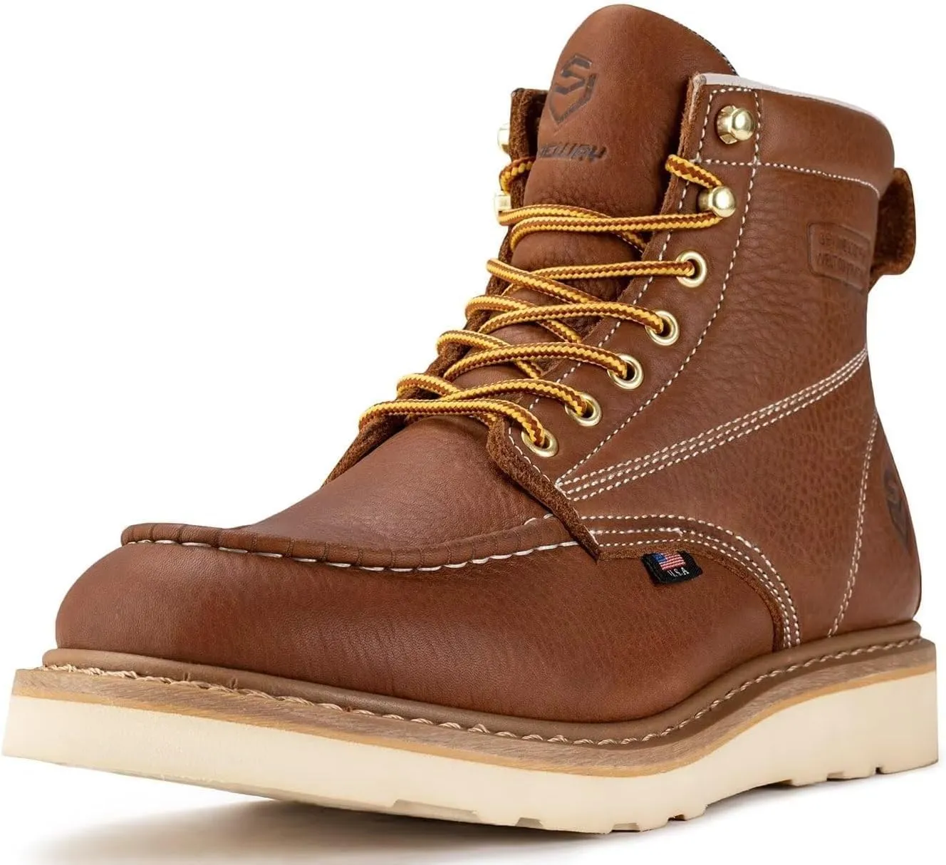 SUREWAY 6 in Mens Waterproof Steel Toe Work Boots for Men-Full Grain Leather,Goodyear,Non-Slip EH Safety Industial Construction Wedge Moc Toe Work Boots/Shoes