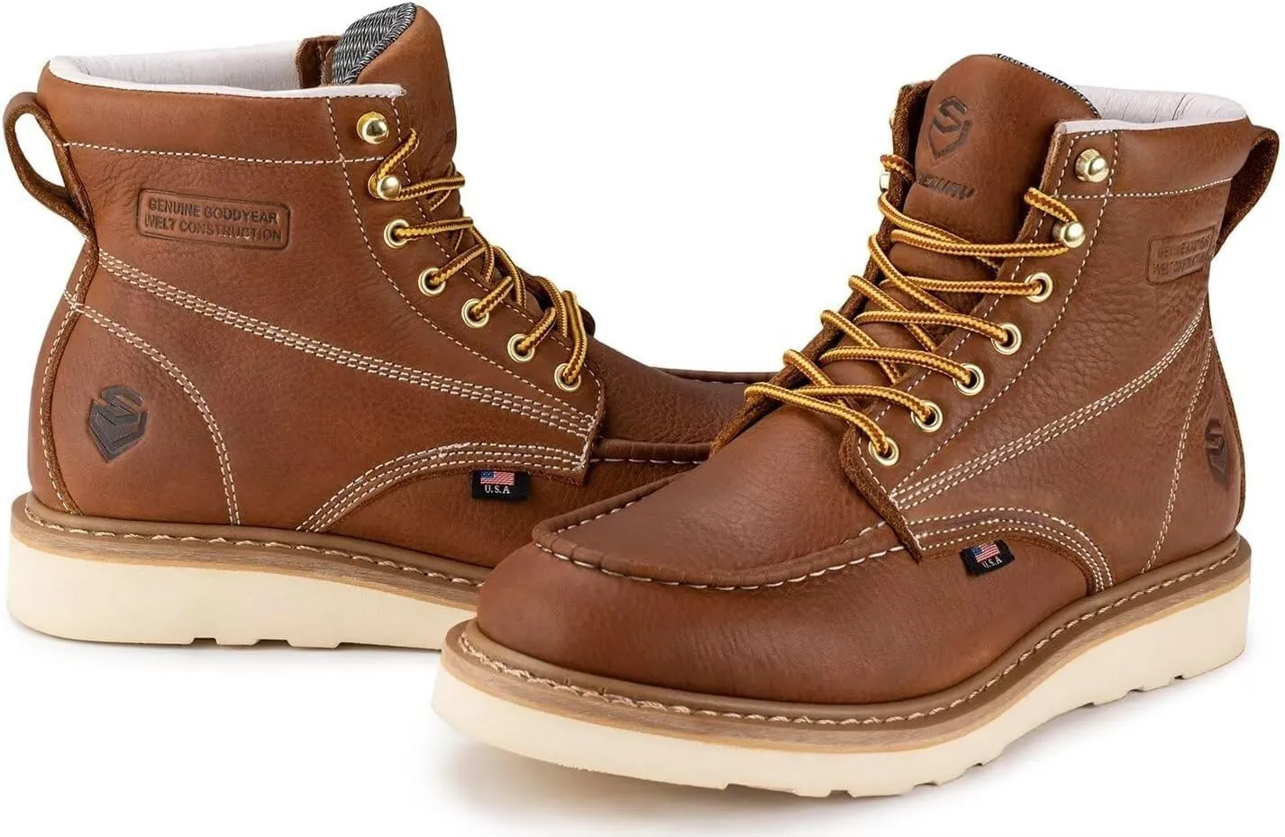 SUREWAY 6 in Mens Waterproof Steel Toe Work Boots for Men-Full Grain Leather,Goodyear,Non-Slip EH Safety Industial Construction Wedge Moc Toe Work Boots/Shoes