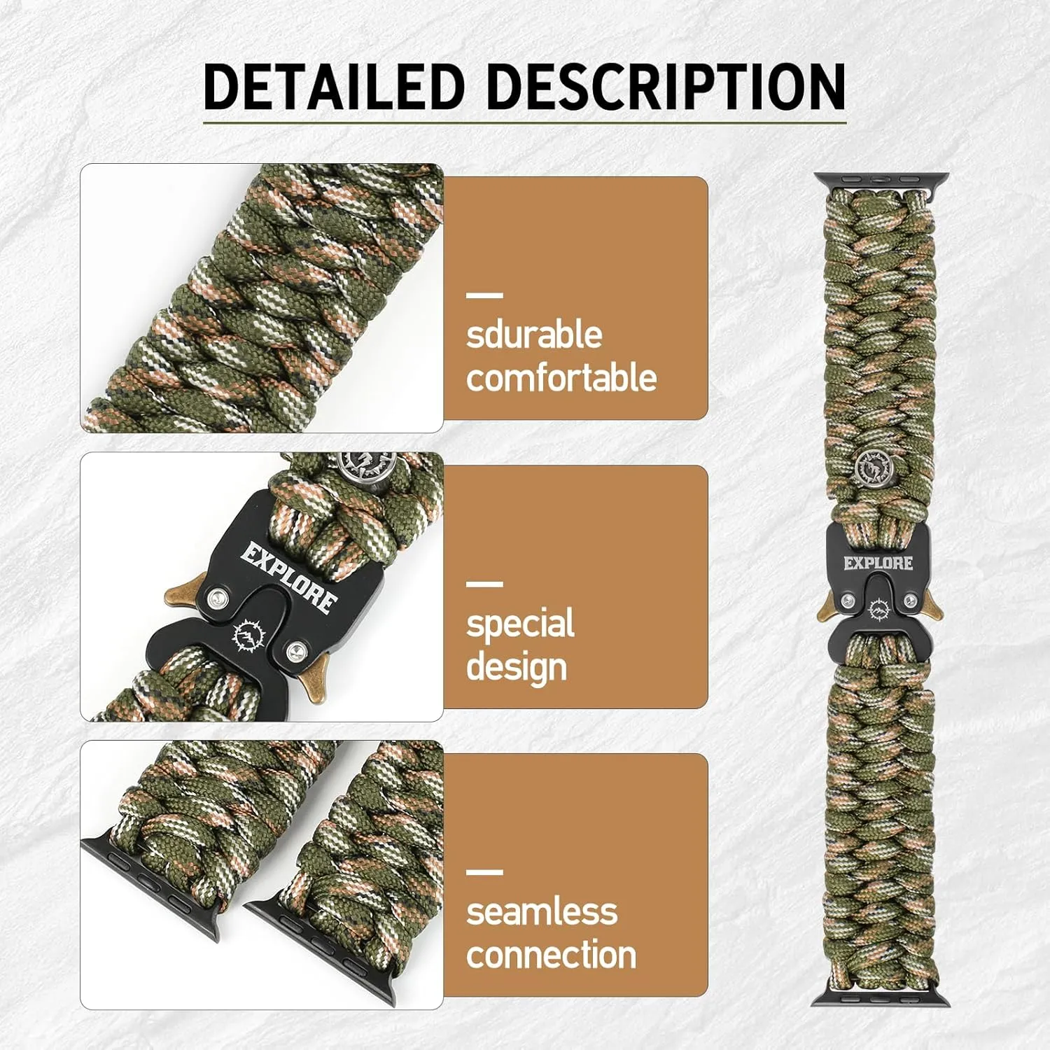 Survival Paracord Watch Band Compatible with Apple Watch Straps Series SE 8/7/6/5/4/3/2/1-42mm 44mm 45mm, Perfect for Men's Outdoor, Military and Tactical Activities