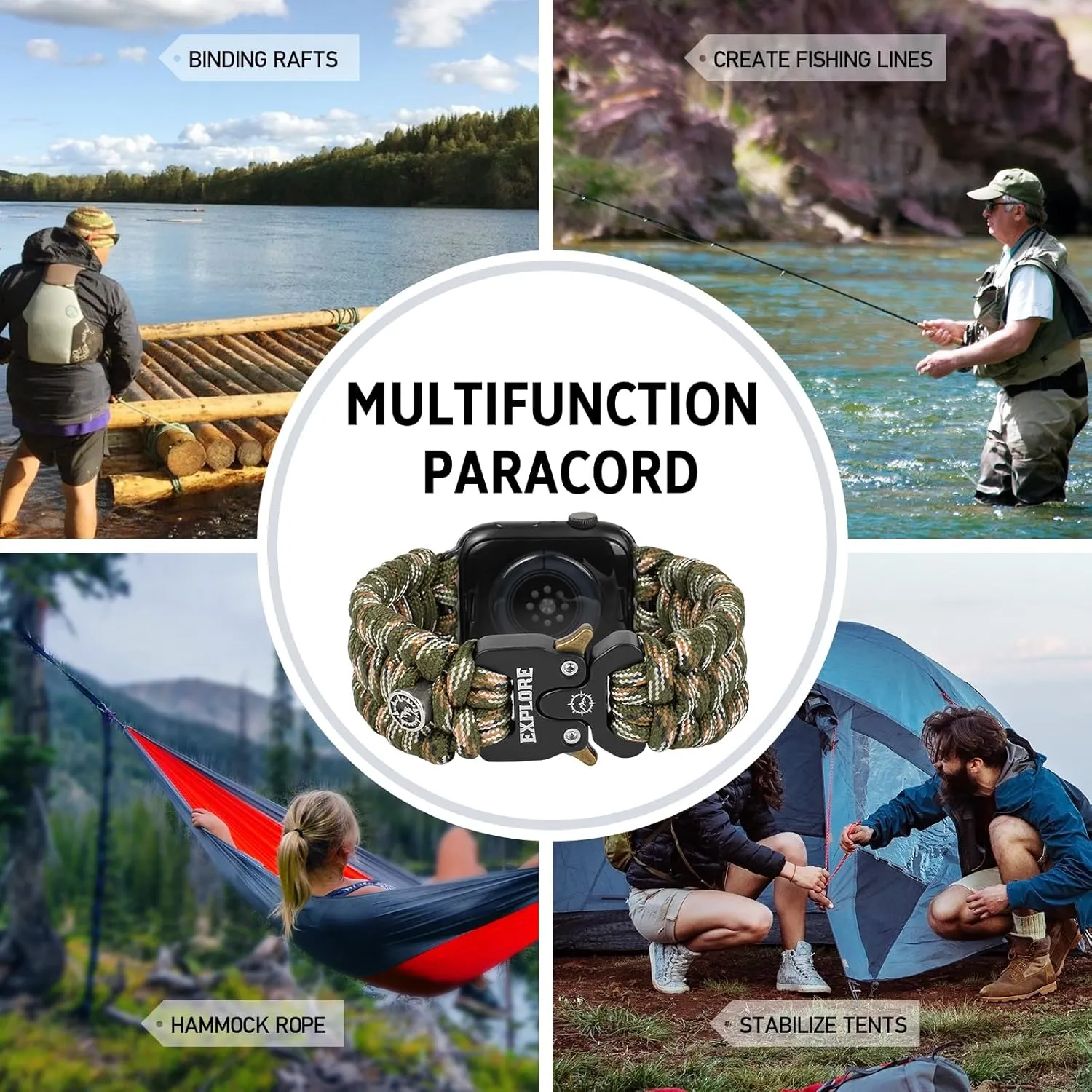 Survival Paracord Watch Band Compatible with Apple Watch Straps Series SE 8/7/6/5/4/3/2/1-42mm 44mm 45mm, Perfect for Men's Outdoor, Military and Tactical Activities
