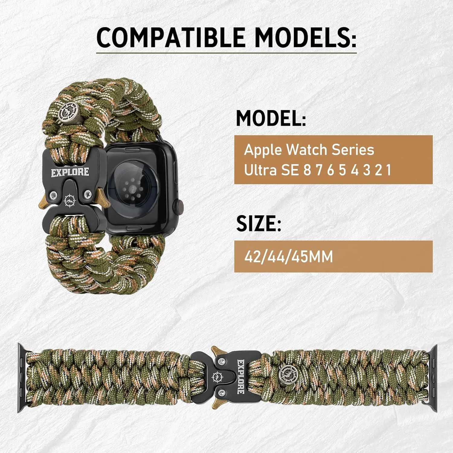 Survival Paracord Watch Band Compatible with Apple Watch Straps Series SE 8/7/6/5/4/3/2/1-42mm 44mm 45mm, Perfect for Men's Outdoor, Military and Tactical Activities