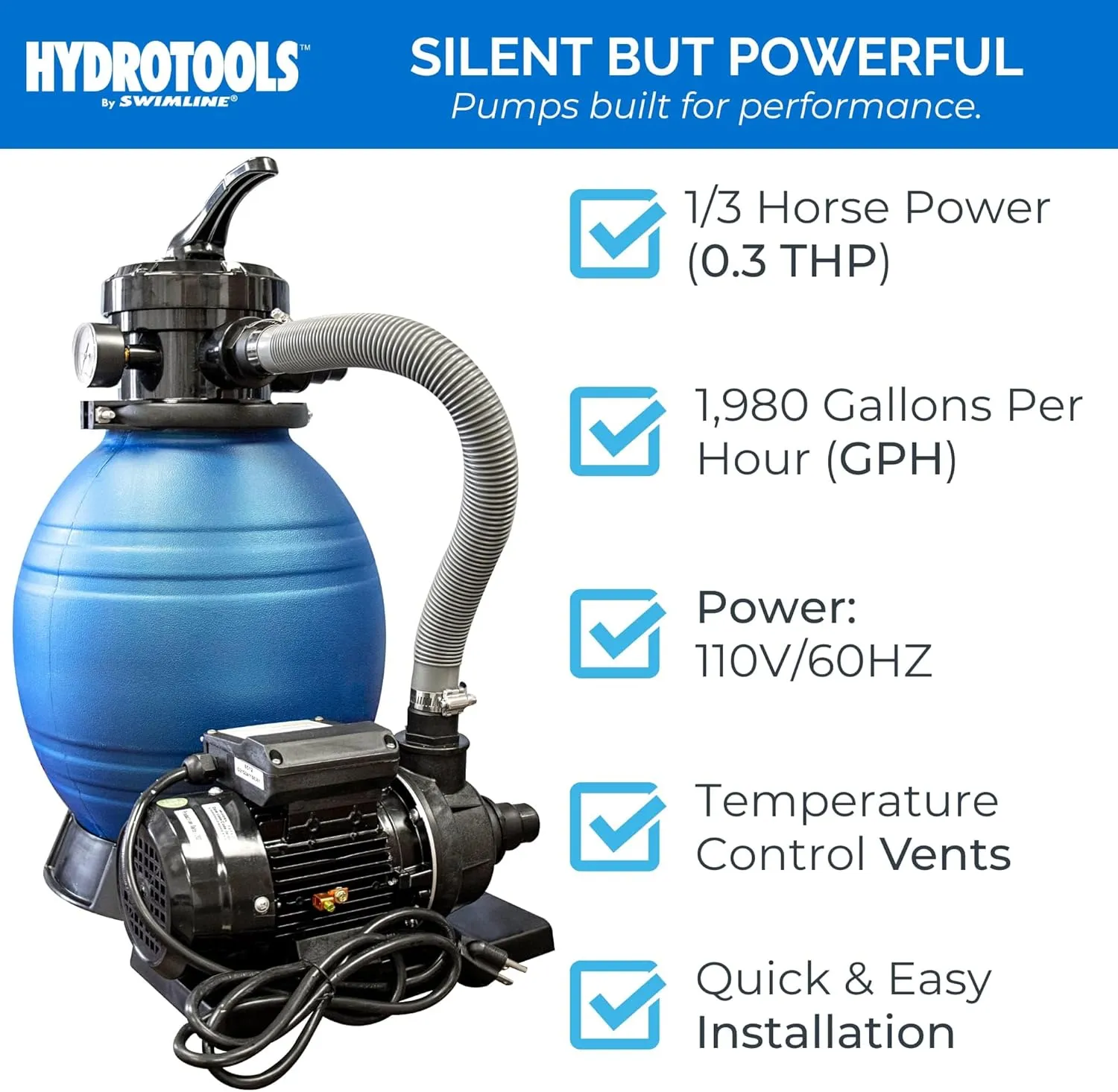 SWIMLINE HYDROTOOLS Complete Sand Filter System, 12" Tank - for Above-Ground Pools Up to 8,000 Gallons, Single Speed Pump, 0.3 THP, 1,980 GPH, 4-Way Multi-Port Valve, 42 lb Capacity