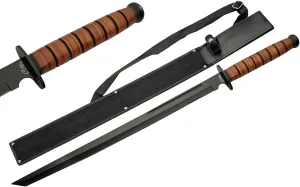 SZCO Supplies 27.75" Stacked Leather American Style Survival Tanto Short Sword with Sheath, Brown/Black
