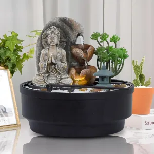 Tabletop Water Feature Zen Fountain Indoor 4-Tier Outdoor Sitting Buddha Cascading Garden Fountains LED Lights & Pump Soothing Waterfall for Home Decoration Table Desk Office Patio, Gray