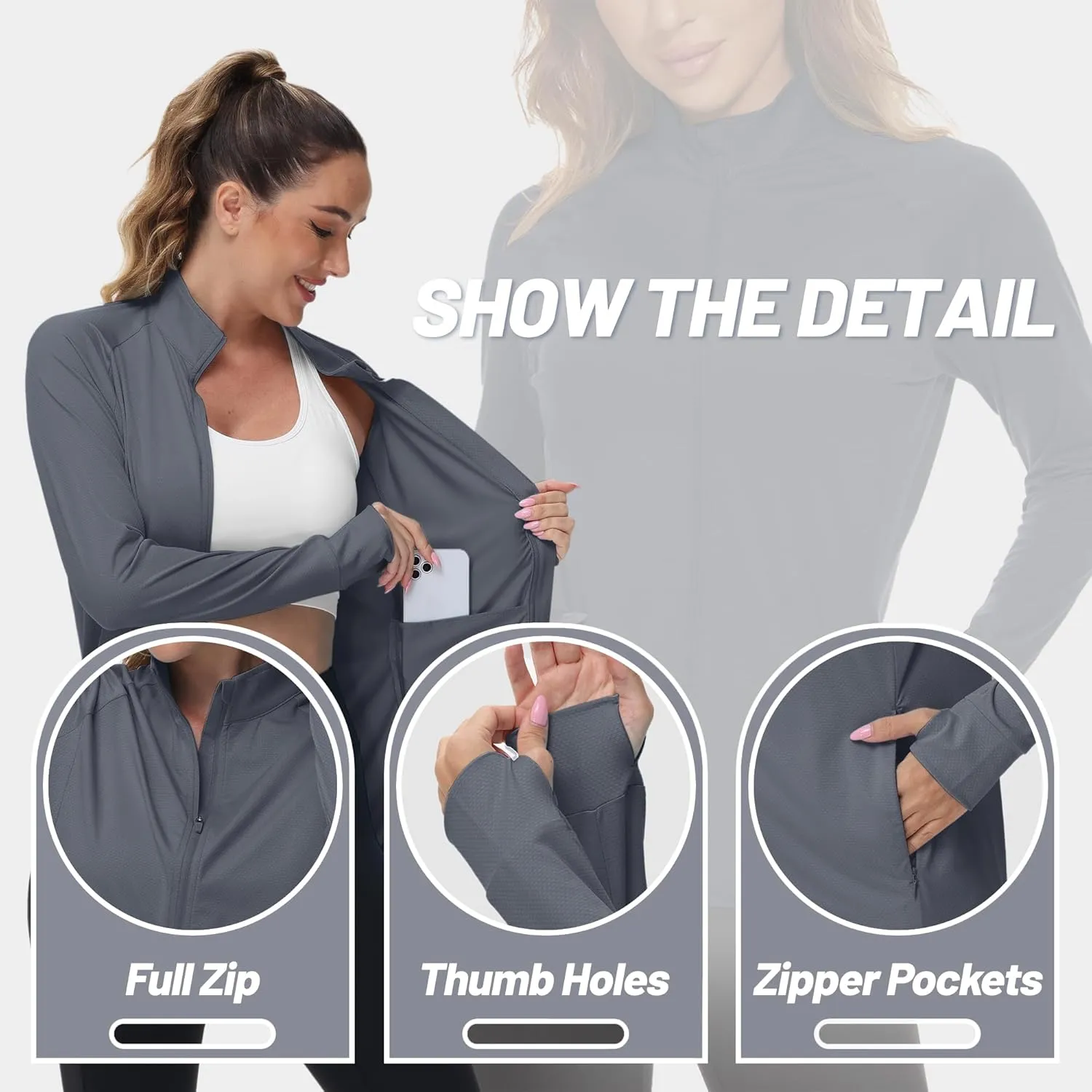 TACVASEN Women's Athletic Jackets Lightweight UV Protection Shirts Full Zip Workout Jacket UPF 50  Long Sleeve Sun Shirt