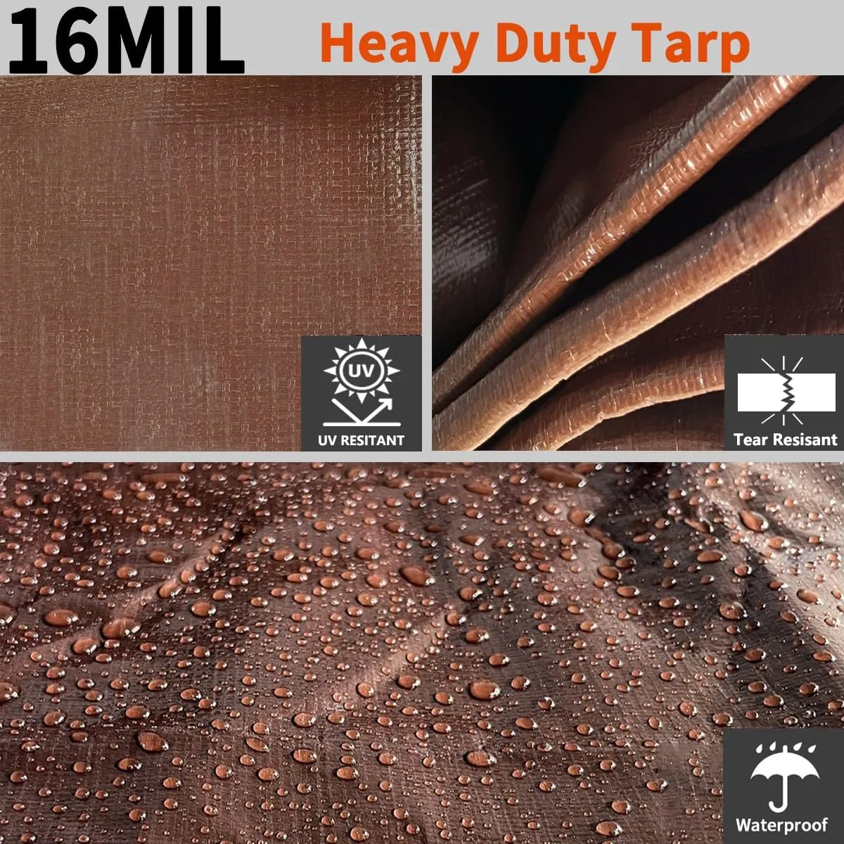 Tarps Heavy Duty Waterproof 8x10ft, 16Mil Poly Tarps with Grommets, UV Resistant, Brown Multipurpose Tarpaulin with Reinforced Edges, Camping, Outdoor Coverings