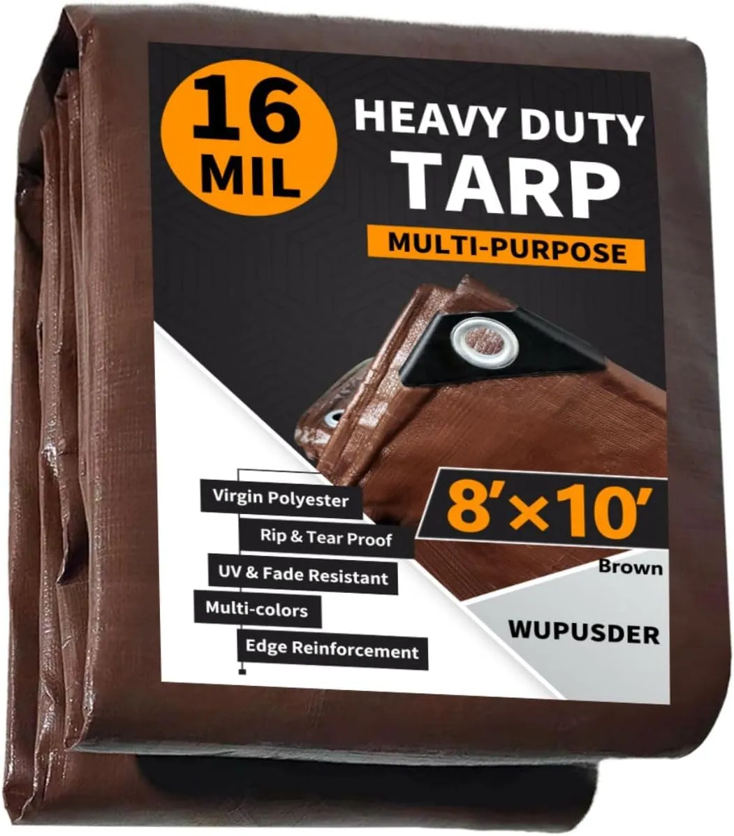 Tarps Heavy Duty Waterproof 8x10ft, 16Mil Poly Tarps with Grommets, UV Resistant, Brown Multipurpose Tarpaulin with Reinforced Edges, Camping, Outdoor Coverings