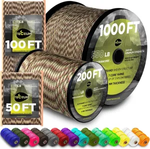 TECEUM Paracord Type III 550 Camo – 1000 ft – 4mm – Tactical Rope MIL-SPEC – Outdoor para Cord –Camping Hiking Fishing Gear and Equipment – EDC Parachute Cord – Strong Survival Rope 788