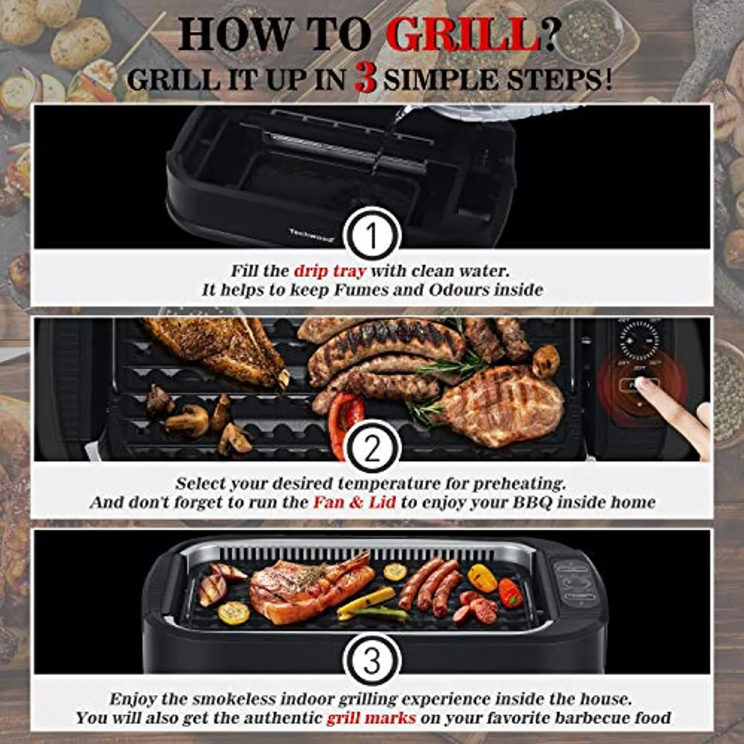TECHWOOD Indoor Smokeless Grill Techwood 1500W Electric BBQ Grill with Tempered Glass Lid, Compact & Portable Non-stick BBQ Grill with Turbo Smoke Extractor Technology, LED Smart Control panel