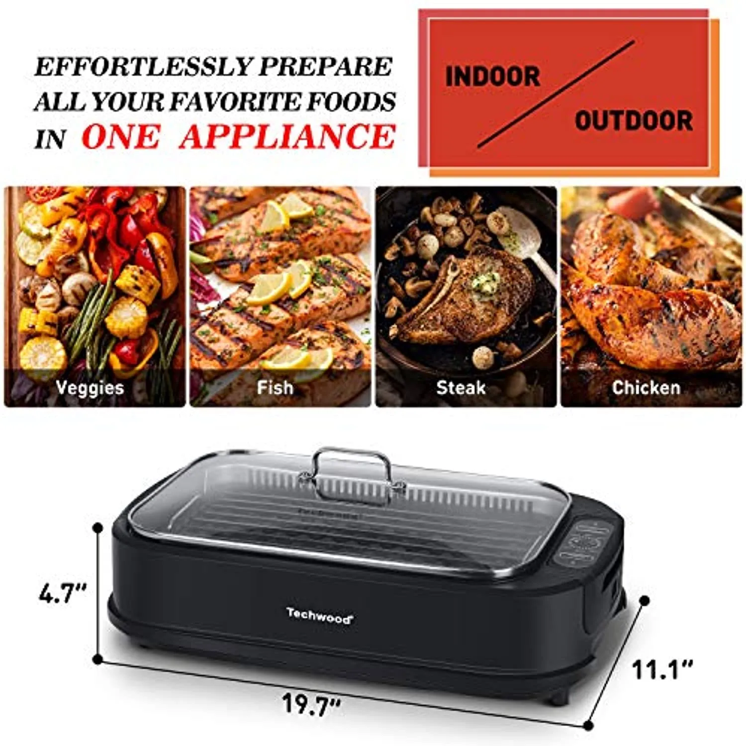 TECHWOOD Indoor Smokeless Grill Techwood 1500W Electric BBQ Grill with Tempered Glass Lid, Compact & Portable Non-stick BBQ Grill with Turbo Smoke Extractor Technology, LED Smart Control panel
