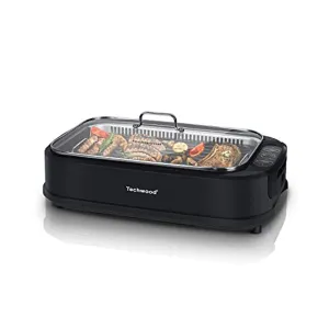 TECHWOOD Indoor Smokeless Grill Techwood 1500W Electric BBQ Grill with Tempered Glass Lid, Compact & Portable Non-stick BBQ Grill with Turbo Smoke Extractor Technology, LED Smart Control panel