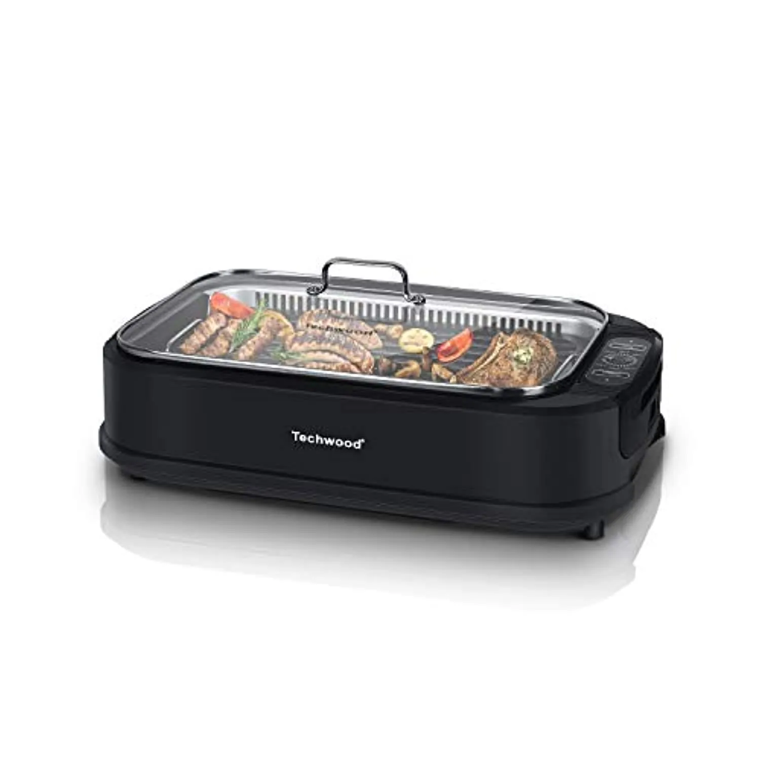 TECHWOOD Indoor Smokeless Grill Techwood 1500W Electric BBQ Grill with Tempered Glass Lid, Compact & Portable Non-stick BBQ Grill with Turbo Smoke Extractor Technology, LED Smart Control panel