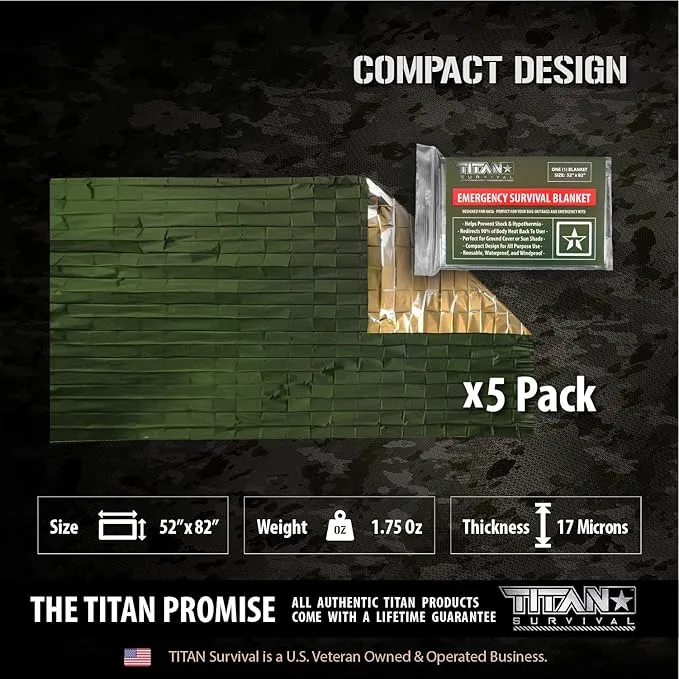 TITAN Survival Emergency Mylar Army Green Survival Blankets, Two-Sided, 5-Pack (Olive-DRAB)