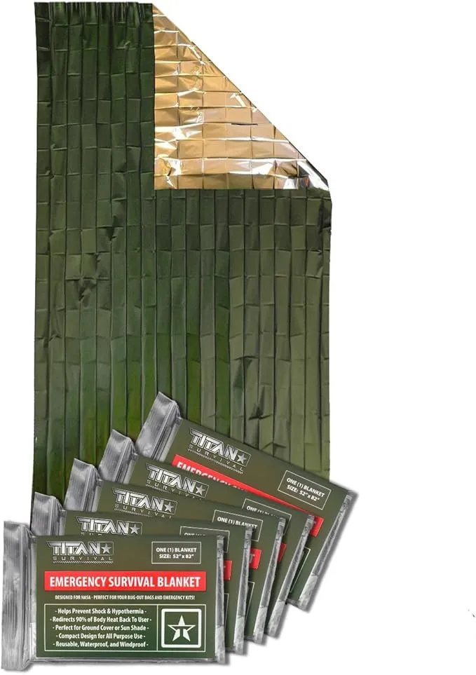 TITAN Survival Emergency Mylar Army Green Survival Blankets, Two-Sided, 5-Pack (Olive-DRAB)