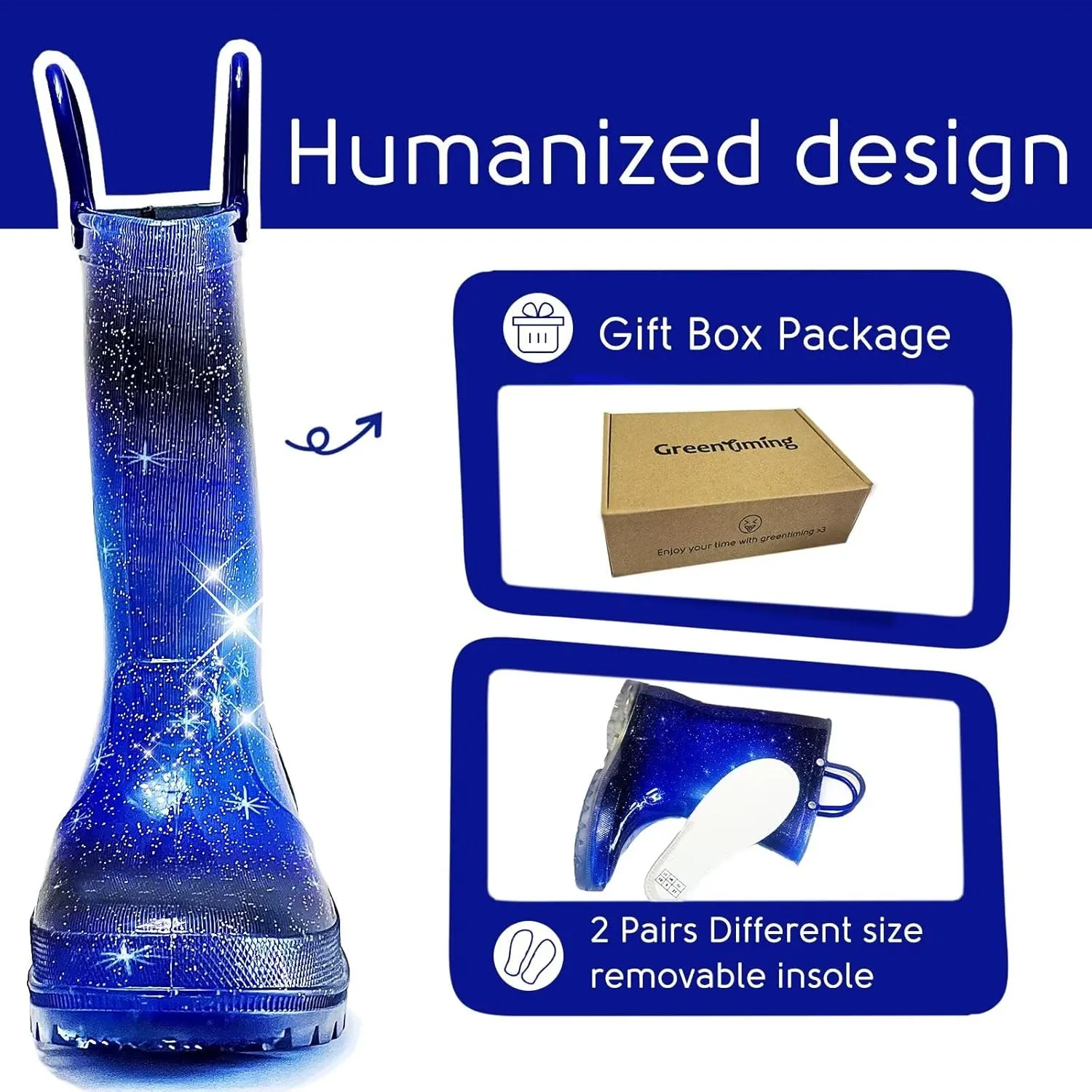 Toddler Rain Boots for Girls Boys, Light Up kids Glitter Rainboots Waterproof Shoes with Handles