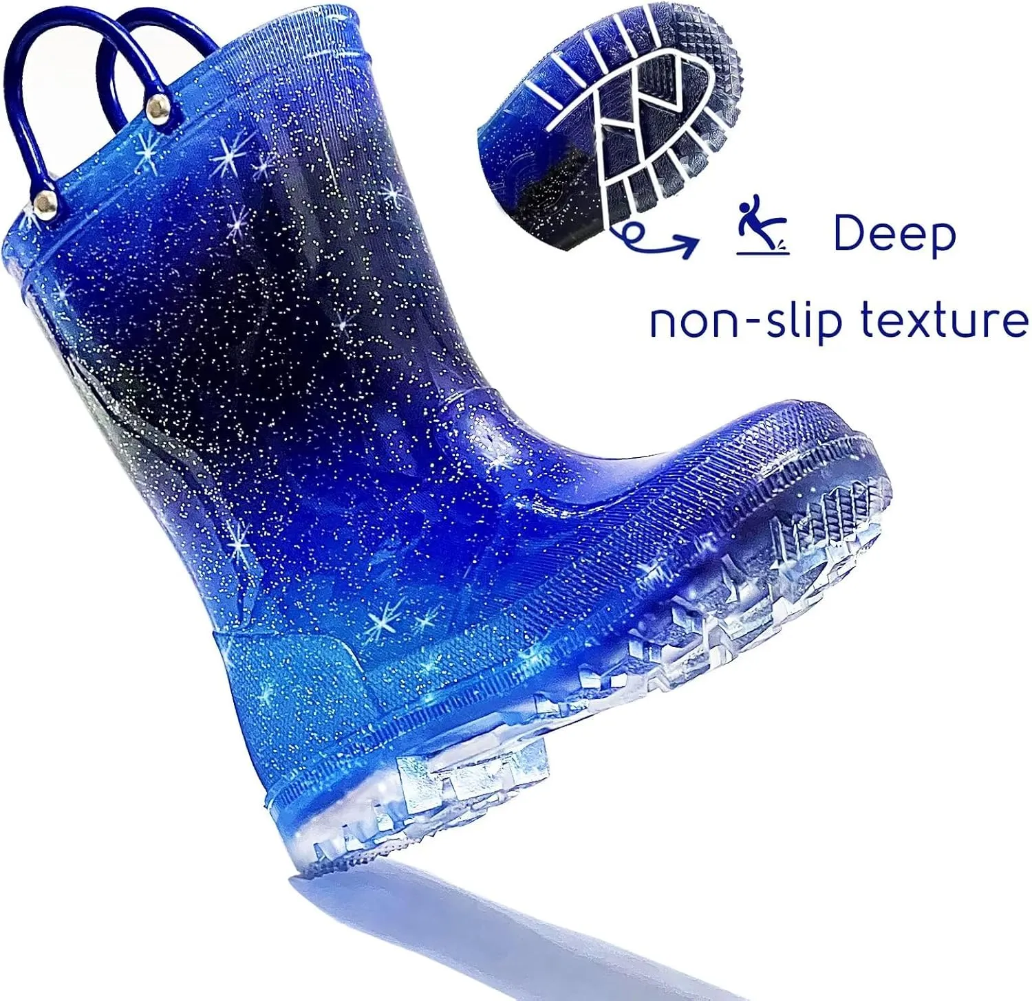 Toddler Rain Boots for Girls Boys, Light Up kids Glitter Rainboots Waterproof Shoes with Handles