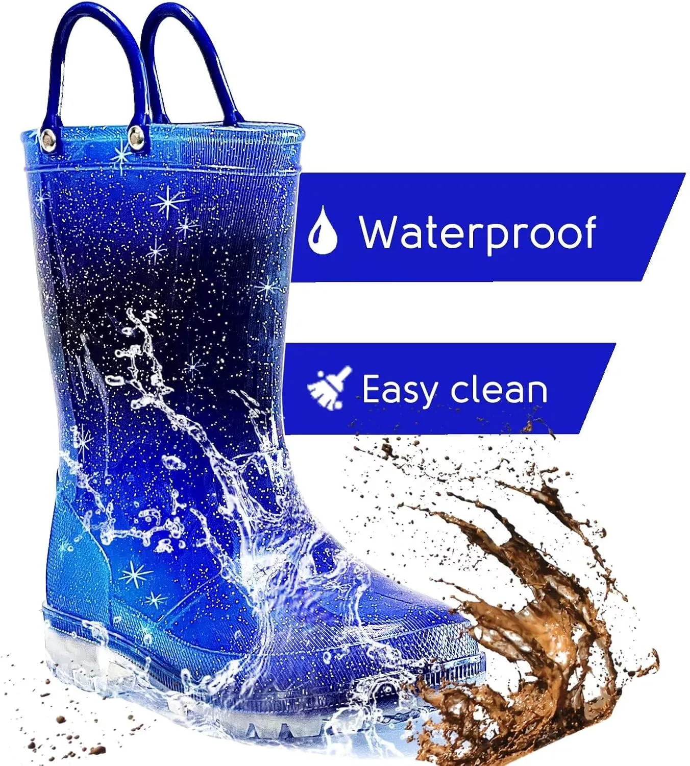 Toddler Rain Boots for Girls Boys, Light Up kids Glitter Rainboots Waterproof Shoes with Handles