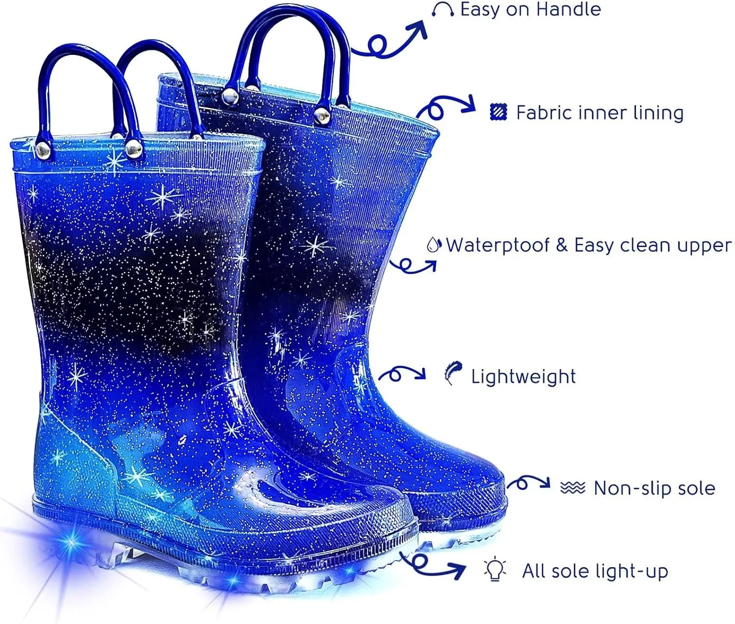 Toddler Rain Boots for Girls Boys, Light Up kids Glitter Rainboots Waterproof Shoes with Handles