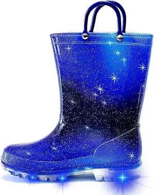 Toddler Rain Boots for Girls Boys, Light Up kids Glitter Rainboots Waterproof Shoes with Handles