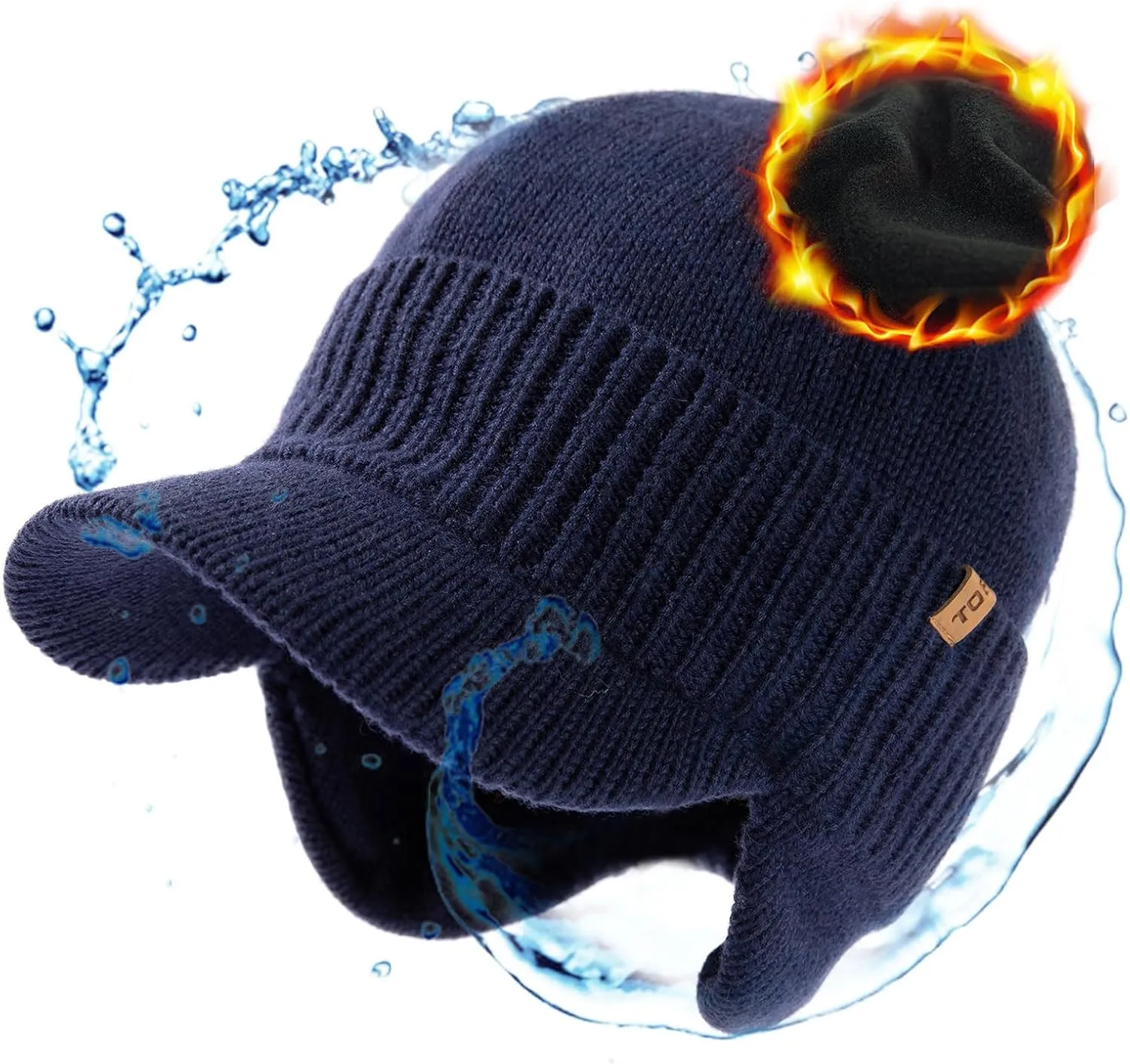 TOP-EX L/XL/XXL Unisex 80% Merino Wool Waterproof Brim Beanie Hats with Ear Flaps Fleece Lined for All Weather
