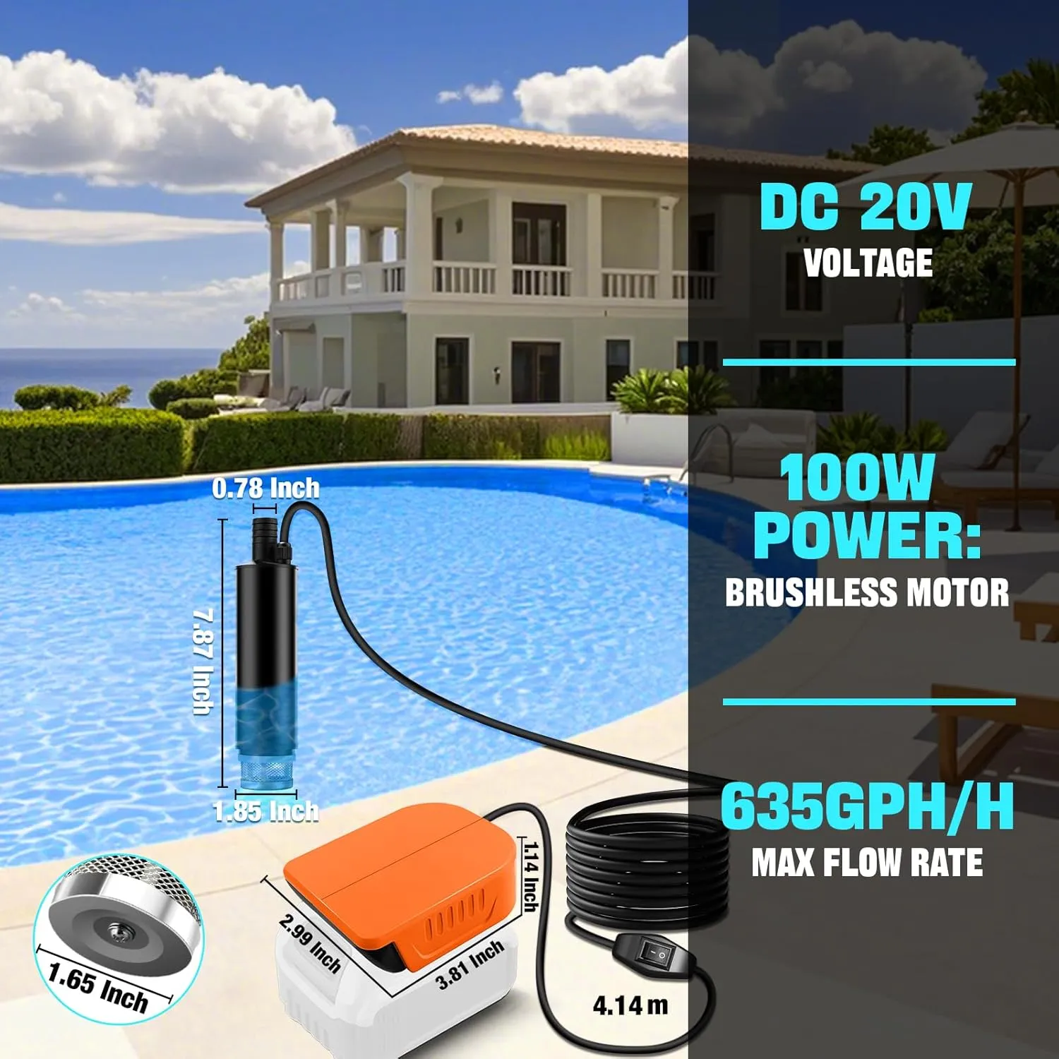 Transfer Pump Compatible with Dewalt 20V Battery, 500GPH Portable Water Pump with Sediment Filters, for Pool, Garden, Pond, Deep Well Draining (Tool Only)