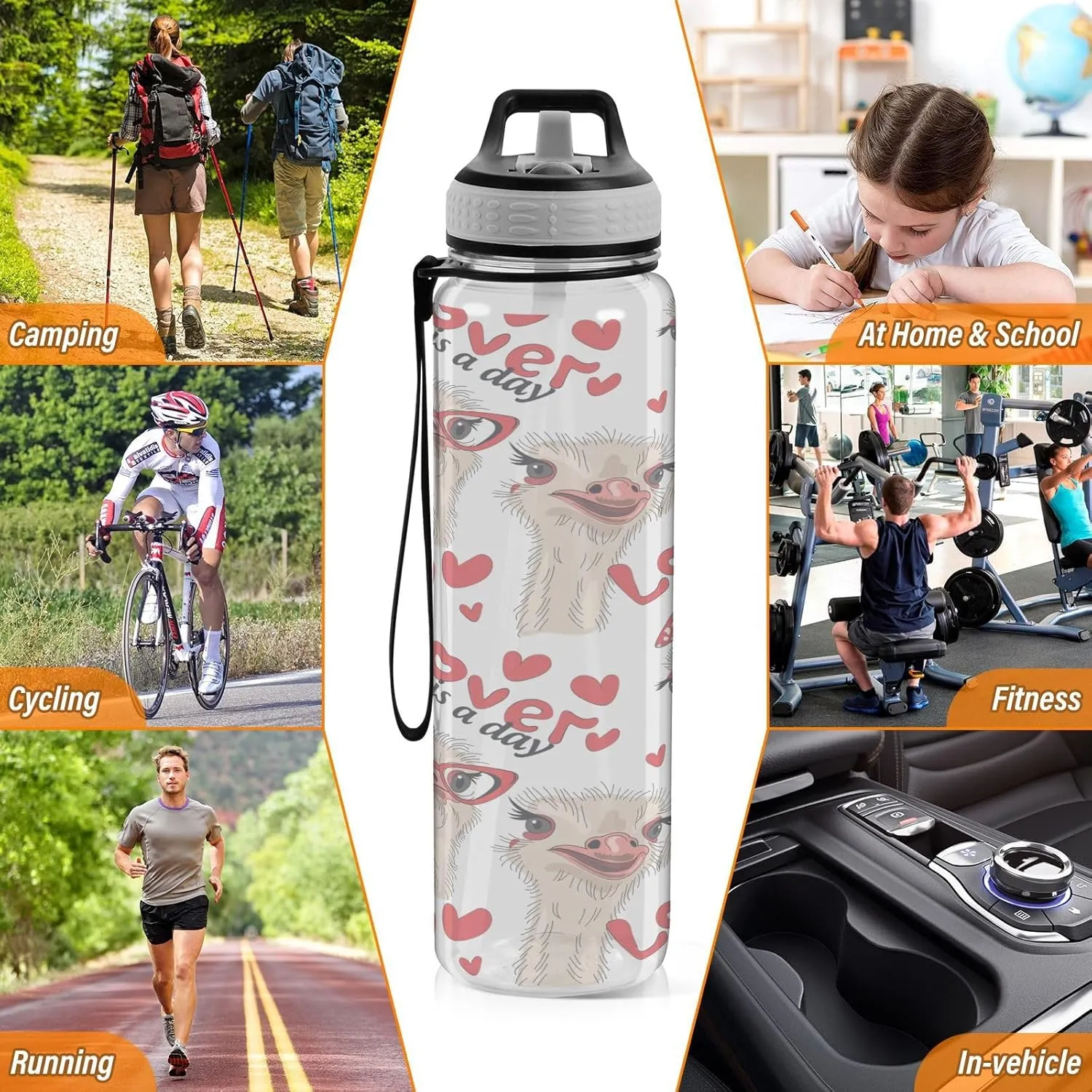Transparent Tritan Sports Water Bottle with Straw, Thermal Tumbler Holder Cup Hot Cold Car Travel Mug 33.8 oz Seamless Ostriches with Red Glasses Hairpins Lover is a Day
