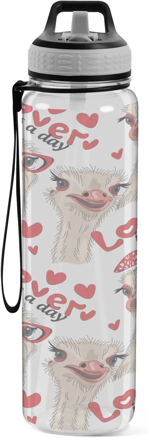 Transparent Tritan Sports Water Bottle with Straw, Thermal Tumbler Holder Cup Hot Cold Car Travel Mug 33.8 oz Seamless Ostriches with Red Glasses Hairpins Lover is a Day