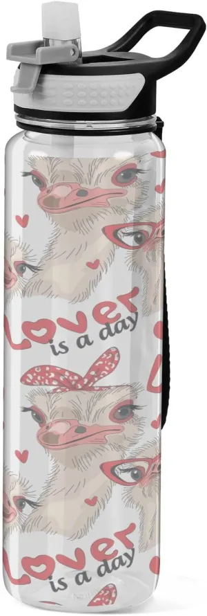 Transparent Tritan Sports Water Bottle with Straw, Thermal Tumbler Holder Cup Hot Cold Car Travel Mug 33.8 oz Seamless Ostriches with Red Glasses Hairpins Lover is a Day