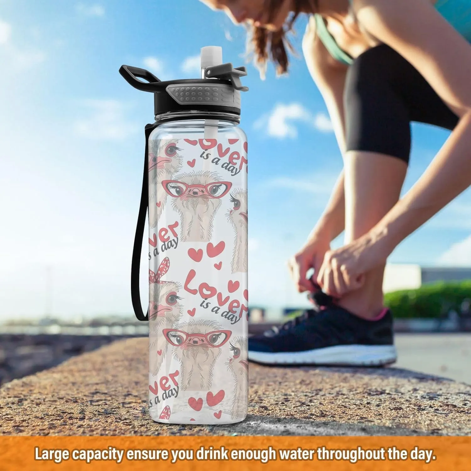 Transparent Tritan Sports Water Bottle with Straw, Thermal Tumbler Holder Cup Hot Cold Car Travel Mug 33.8 oz Seamless Ostriches with Red Glasses Hairpins Lover is a Day