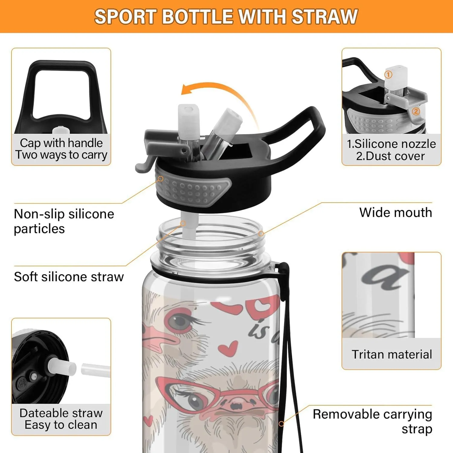 Transparent Tritan Sports Water Bottle with Straw, Thermal Tumbler Holder Cup Hot Cold Car Travel Mug 33.8 oz Seamless Ostriches with Red Glasses Hairpins Lover is a Day