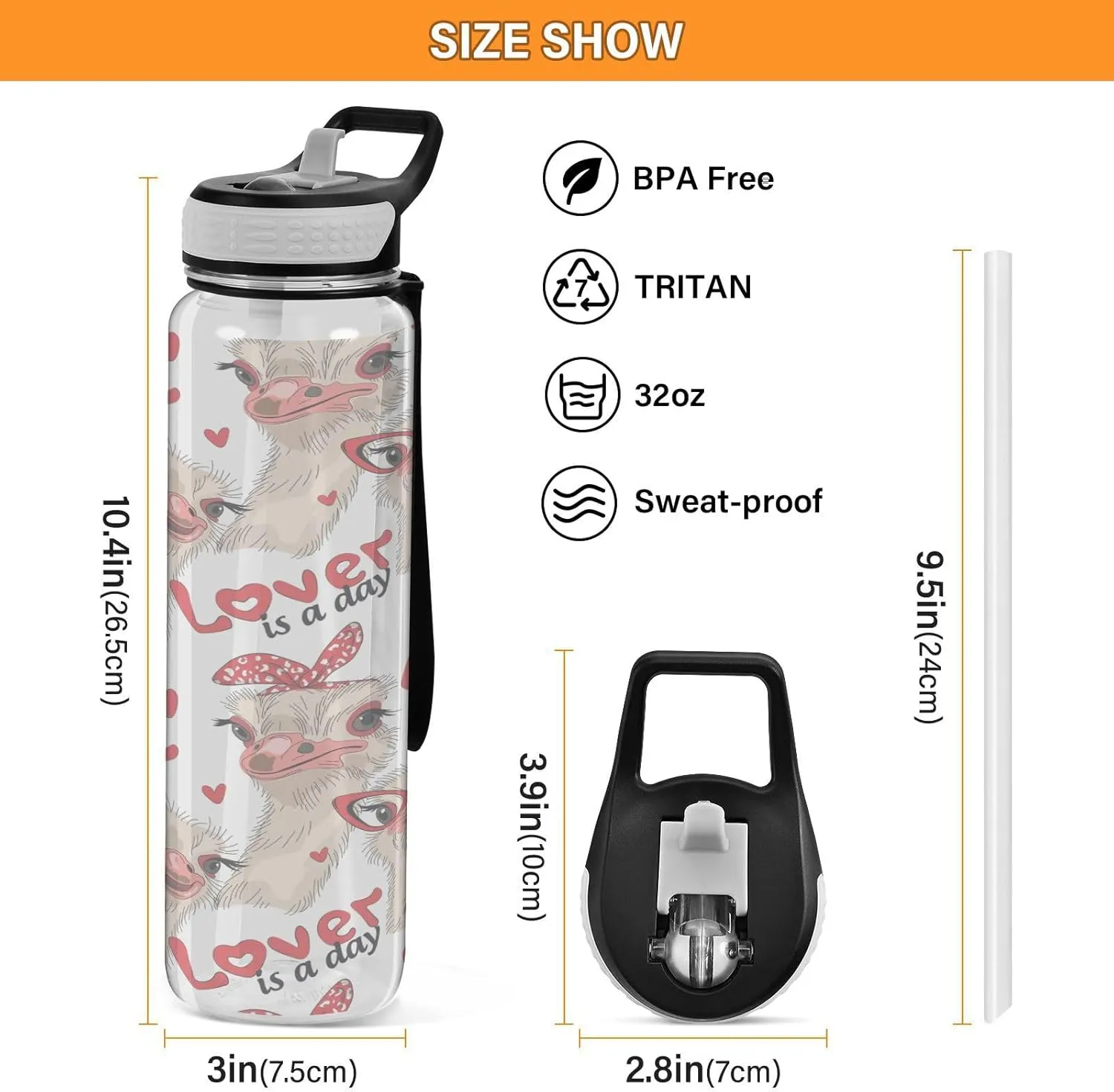 Transparent Tritan Sports Water Bottle with Straw, Thermal Tumbler Holder Cup Hot Cold Car Travel Mug 33.8 oz Seamless Ostriches with Red Glasses Hairpins Lover is a Day