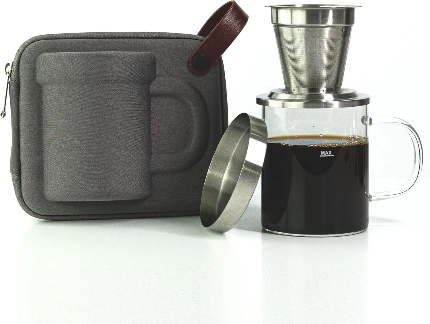 Travel Glass Pour Over Coffee maker Set 4pcs (Gray) | 18/2 Stainless Steel Filter Dripper and Lid | BPA Free Borosilicate Glass Mug | Paperless Drip Coffee Maker Pour Over For Coffee Lovers