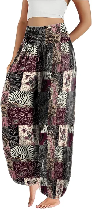 Trendy Boho Harem Pants Women Casual High Smocked Waist Yoga Pants Plus Size Loose Daily Lightweight Joggers
