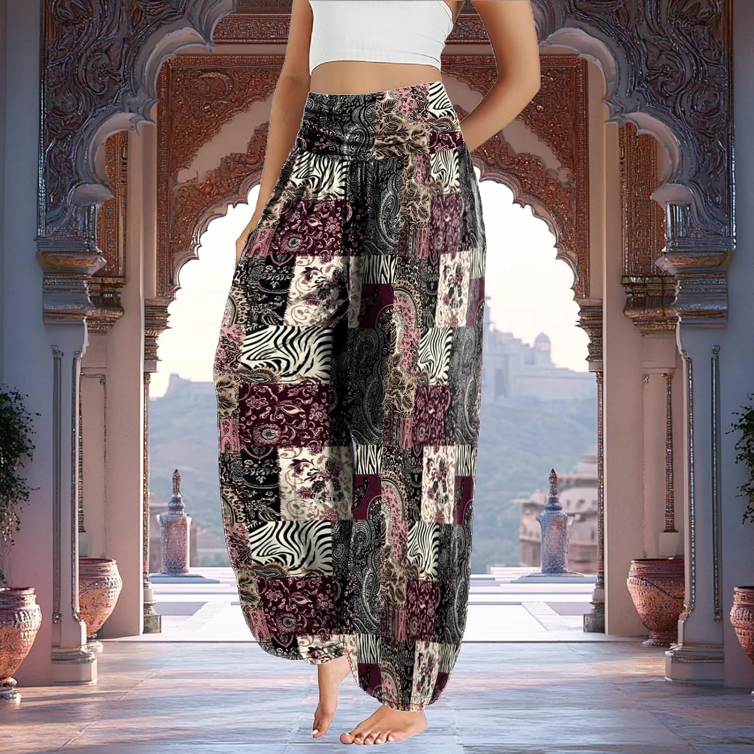 Trendy Boho Harem Pants Women Casual High Smocked Waist Yoga Pants Plus Size Loose Daily Lightweight Joggers