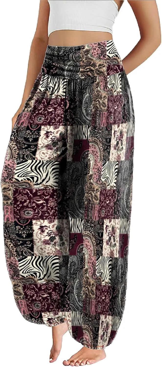 Trendy Boho Harem Pants Women Casual High Smocked Waist Yoga Pants Plus Size Loose Daily Lightweight Joggers