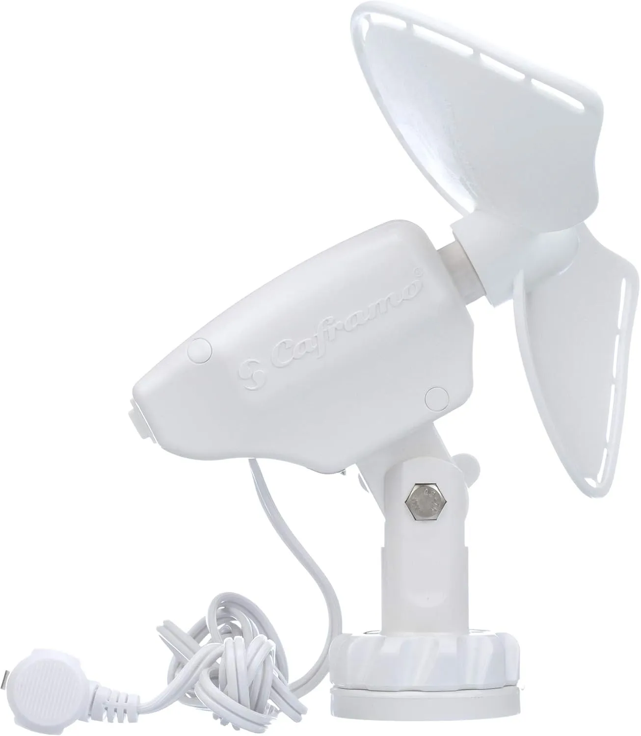 Ultimate™ Fan from by Caframo. Grill-free, whisper-quiet 12V fan with shock-absorbing FingerSafe™ blades, 2-speeds, direct wire connection. Made in Canada. White.