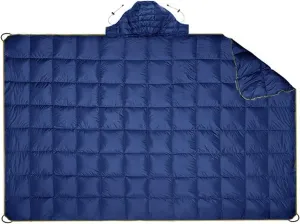 Ultralight Down Blanket - Wearable Shawl For Outdoor Camping, Travel & Fishing - Multifunctional Warm Down Quilt(Blue with Hood)
