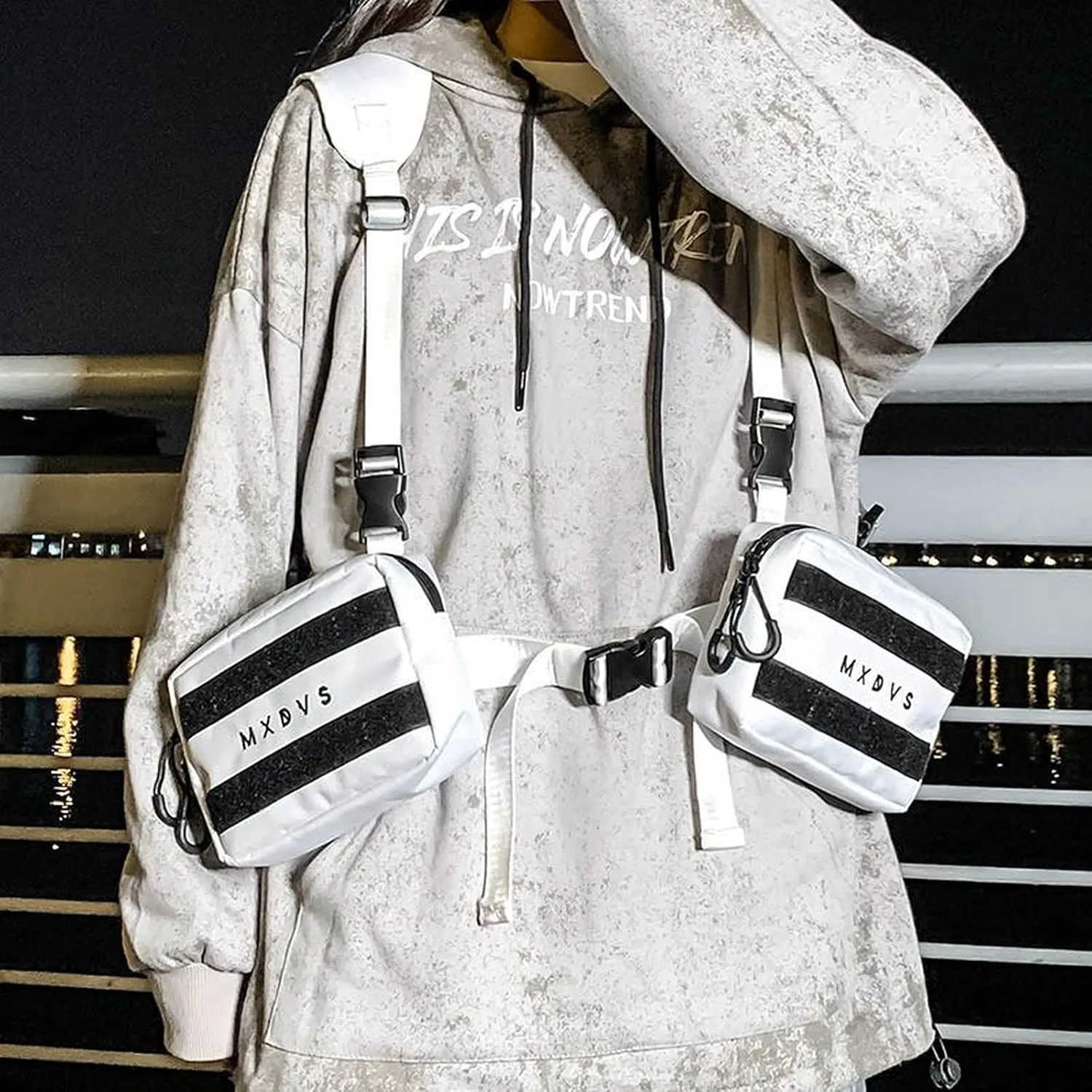 Unisex Black Chest Rig Bag Streetwear Tactical Vest Hip-hop Chest Bags Fashion Tactics Waist Pack Woman Functional Square Bag(White)
