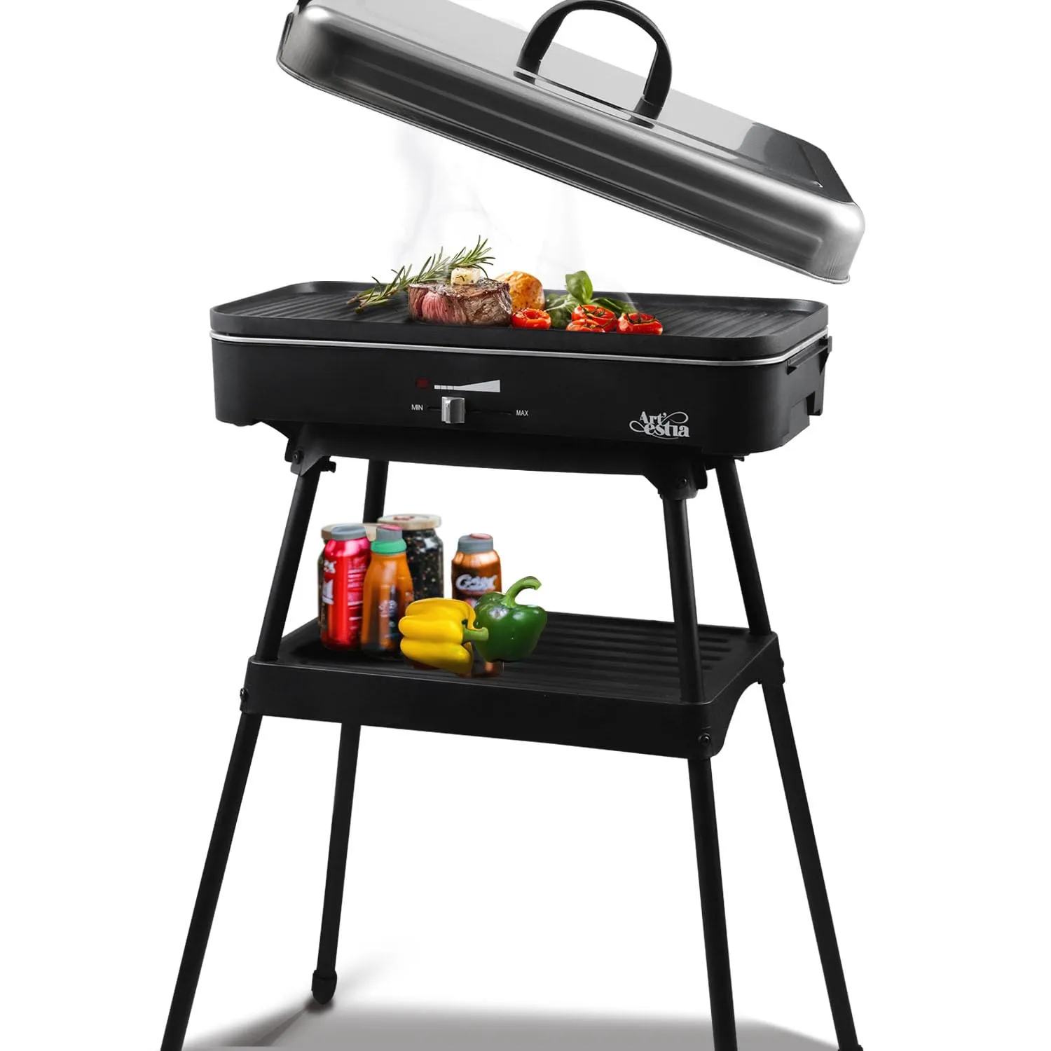 Upgrade Version - Artestia 1800W Electric Outdoor Grill with Lid Indoor Smokeless BBQ Grills with Temperature Control Portable Removable Stand Grill for Cooking, BBQ Party, Family