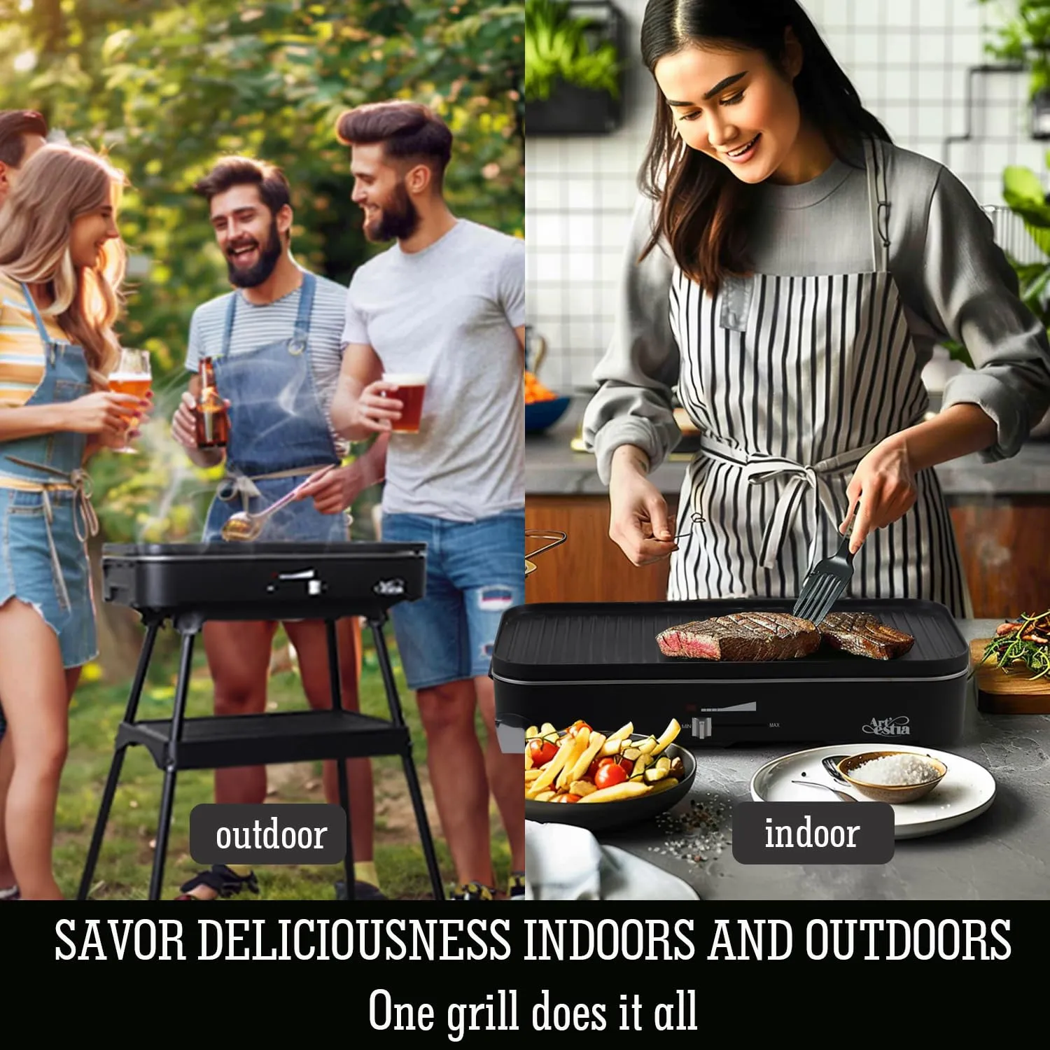 Upgrade Version - Artestia 1800W Electric Outdoor Grill with Lid Indoor Smokeless BBQ Grills with Temperature Control Portable Removable Stand Grill for Cooking, BBQ Party, Family